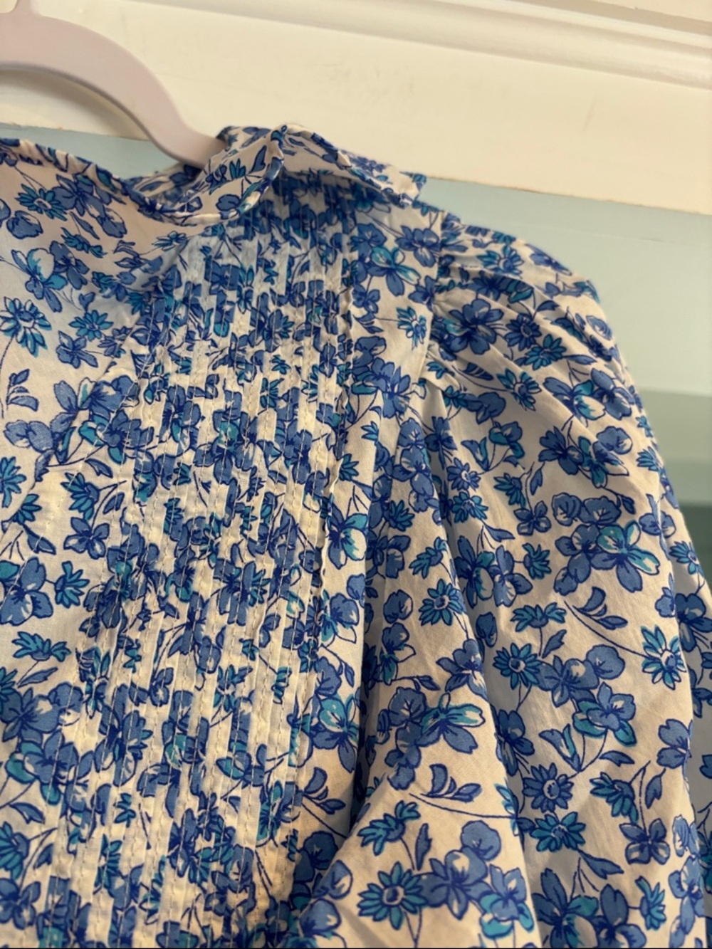 Women's Blue Floral Ruffle Blouse - Picture 3 of 5